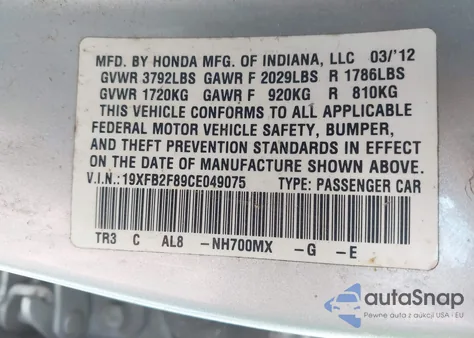 2012 Honda Civic Ex z USA, uszkodzony, nr VIN 19XFB2F89CE049075